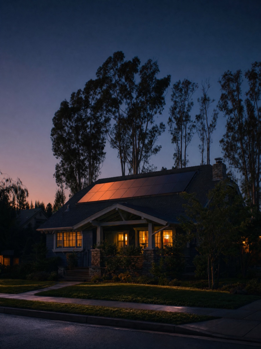 A craftsman home at pre-dawn, rooftop solar panels catching the first ember glow