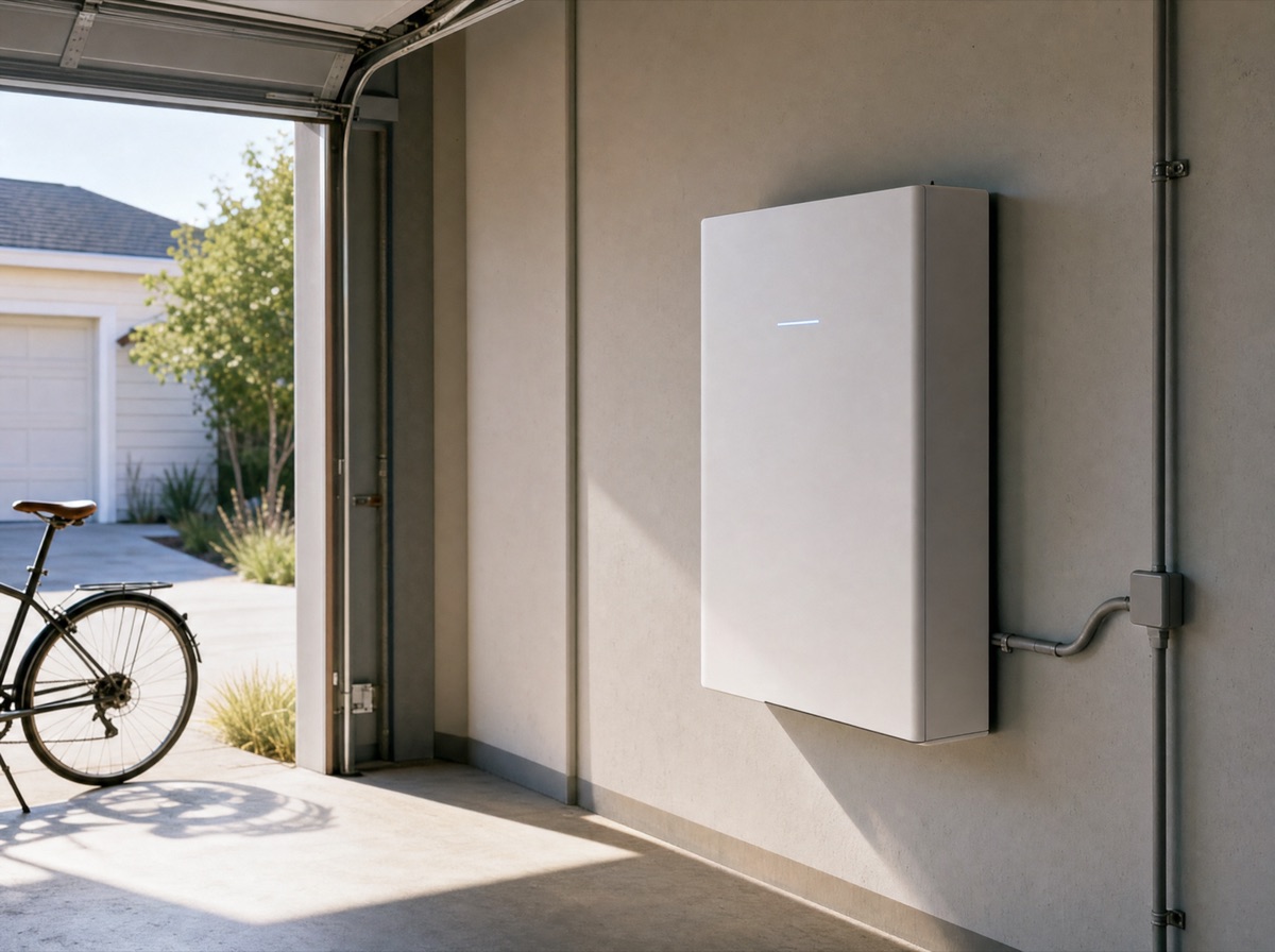 A sleek wall-mounted home battery in a bright, tidy garage