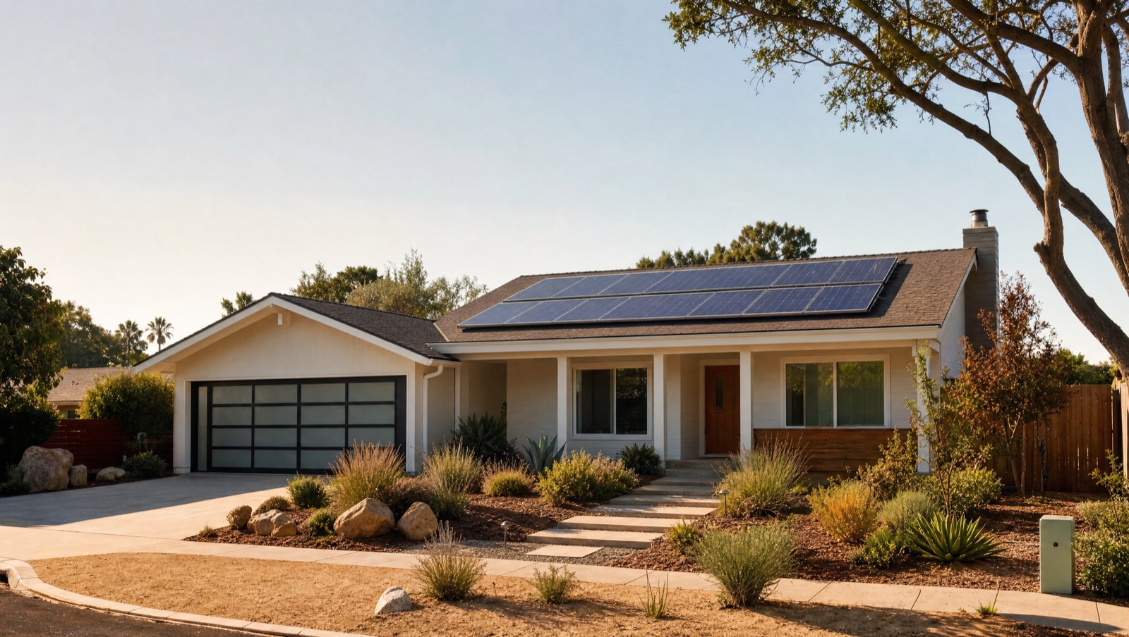 A modern California ranch home on a bright morning with a crisp rooftop solar array