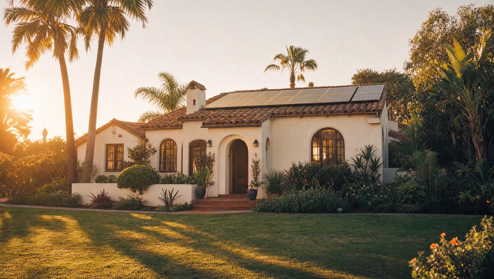 Spanish-revival San Diego home in golden hour with a solar array glowing on the terracotta roof