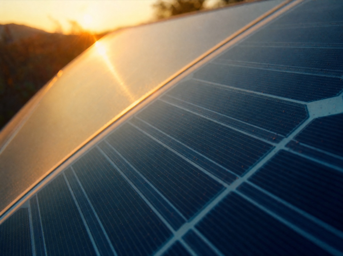Close-up of solar panel cells catching golden-hour sunlight