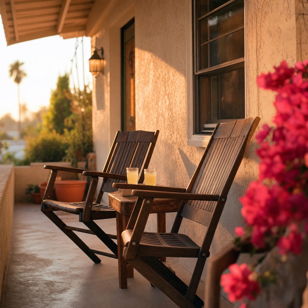A front porch at golden hour: two chairs, two lemonades, warm light on stucco