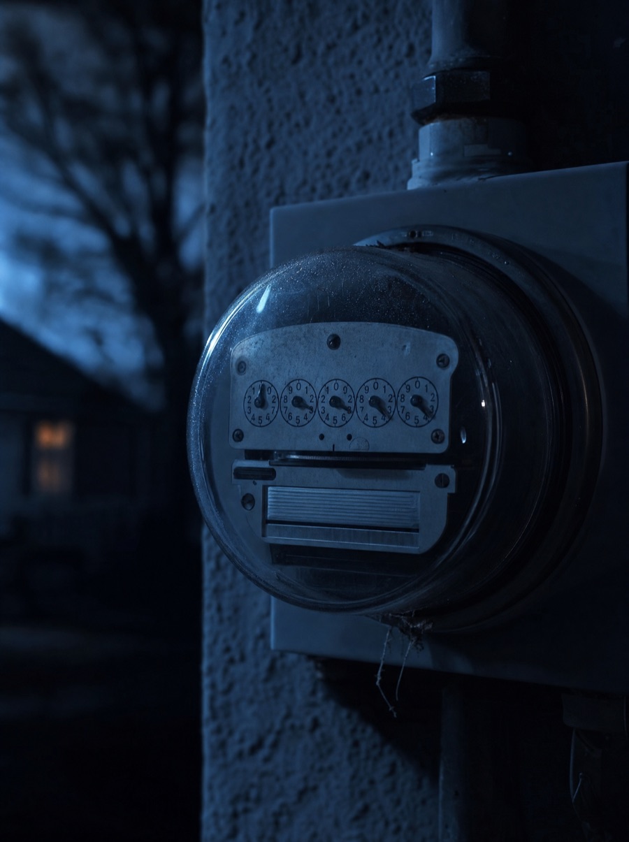A residential electric meter on a stucco wall, faintly lit by cold moonlight